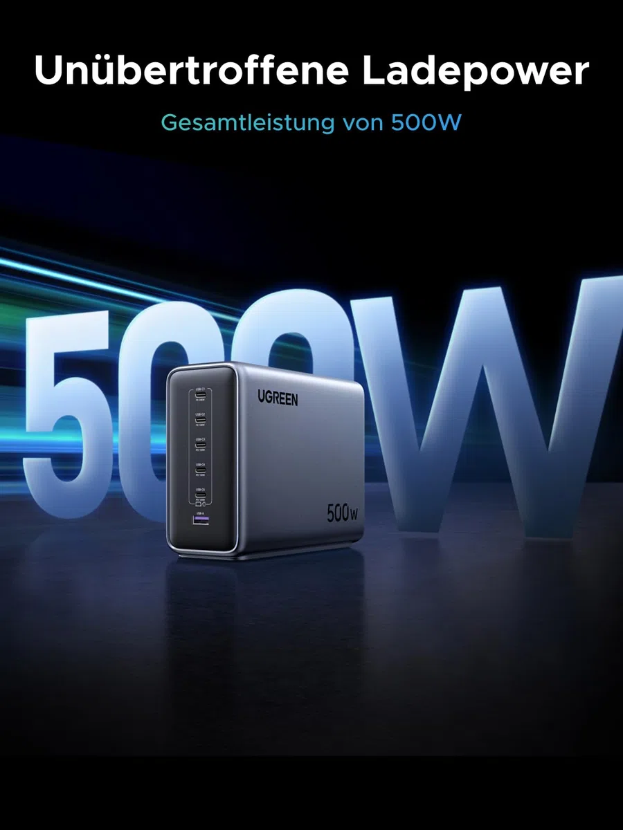 UGREEN Nexode 500W USB C Ladegerät 6-Port Netzteil GaN Ladestation PD 3.1 Desktop Charger Mehrfach kompatibel mit MacBook, iPad Pro/Air, iPhone 17-8 Serie, Galaxy S25-S22