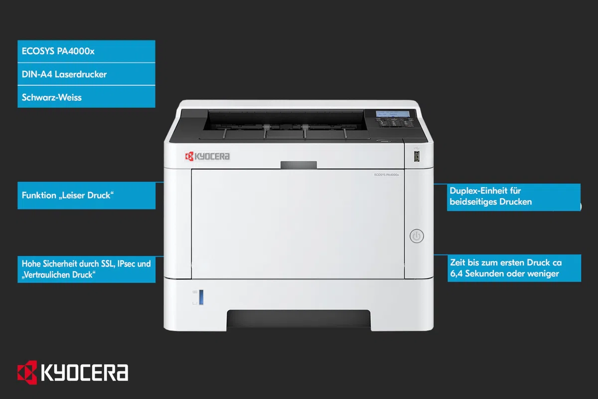 Kyocera Ecosys PA4000x Laserdrucker Schwarz Weiss, Laser Drucker mit Duplex, Drucker klein 40 Seiten pro Minute. Laserdrucker Inkl. Mobile Print Funktion