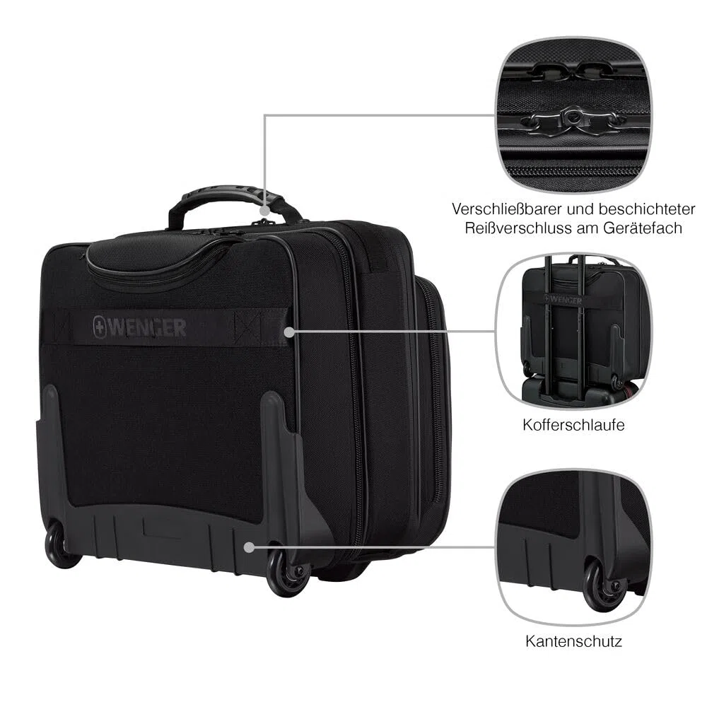 WENGER Legacy Black Series Aktenkoffer, Laptop-Tasche zum Rollen, Trolley, Notebook bis 15,6 Zoll, 29 l, Büro Business Uni Schule, Schwarz, 653631