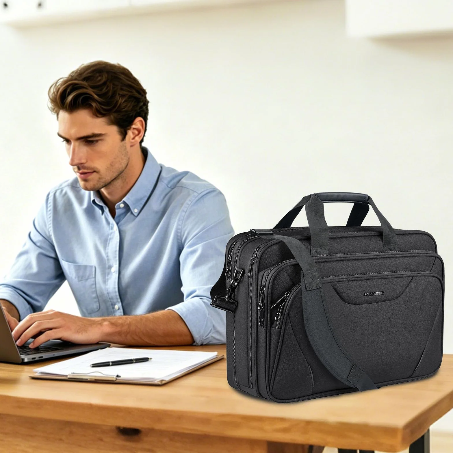 KROSER 18 Zoll Handtasche, Laptoptasche bis 17,3 Zoll, wasserdicht, dehnbar, Dokumententasche mit Schultergurt, für Reisen/Geschäft/Schule/Herren/Damen, Laptop Bag