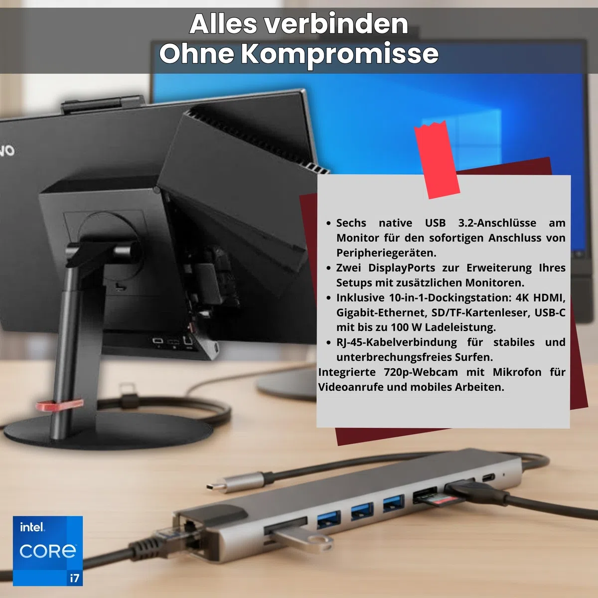 Lenovo All in One ThinkCentre TIO24 24 Zoll Full HD | Intel Core i7 | 16 GB | 512GB SSD | DOKING Station 10 IN 1 Webcam Win 11 Pro 36 Monate Garantie Generalüberholt (Kit Tastatur und Maus Italian)