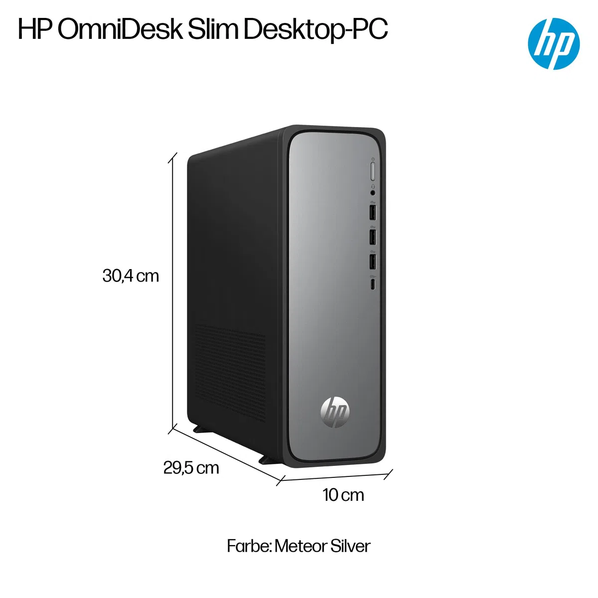 HP OmniDesk Slim Desktop S03-0230ng, Intel 300 Prozessor, 8 GB DDR5 RAM, 512 GB PCIe Gen4 SSD, Intel UHD Graphics 710, Windows 11 Home, Wi-Fi 6, USB Type-C, Meteor Silver/Jack Black