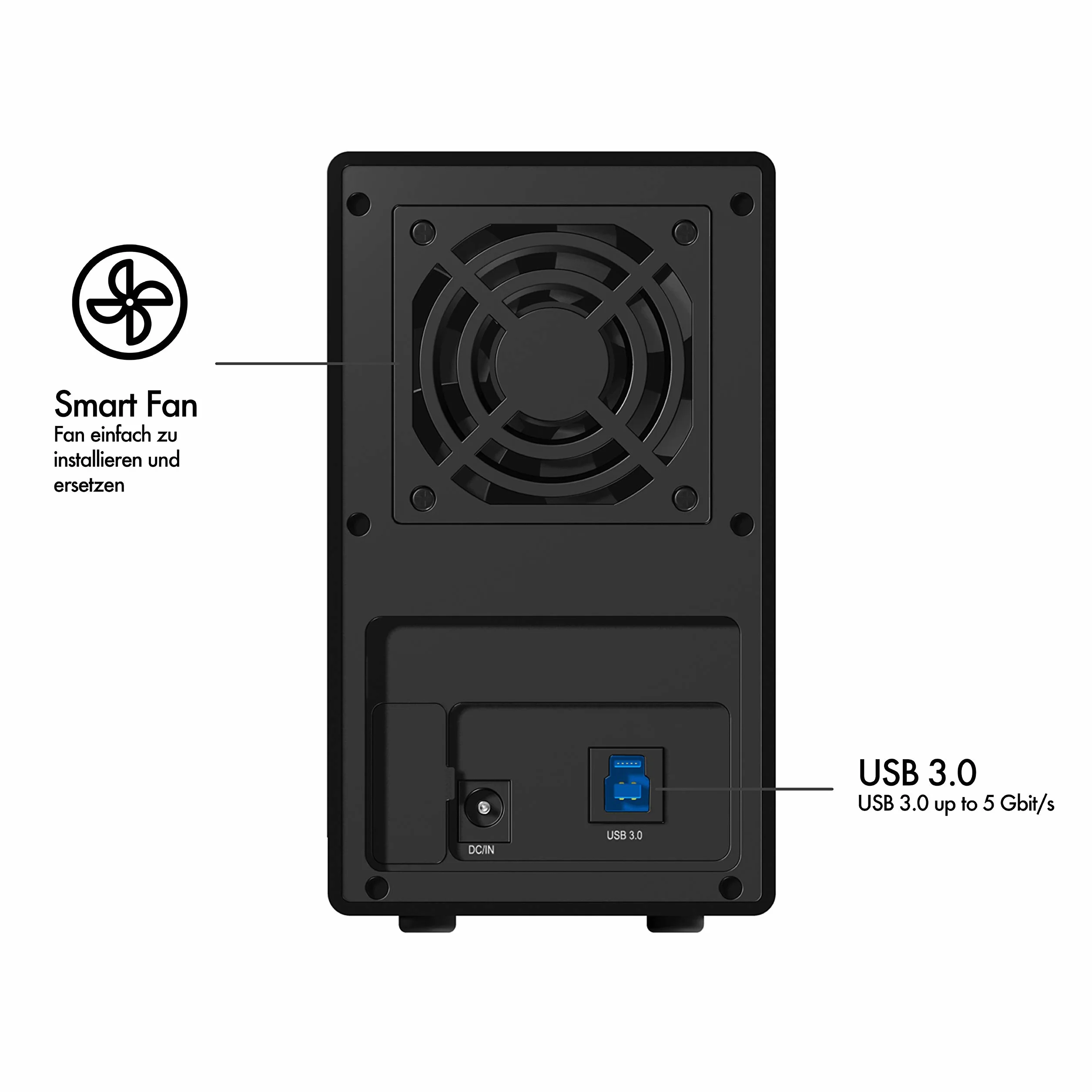 ICY BOX IB-RD3620SU3 Externes 2-fach Gehäuse (Raid 0/1, Single, JBOD) für 2x 3, 5 Zoll SATA i, II, III Festplatten, USB 3.0 (UASP) und eSATA Anschluss, Smart-Lüfter