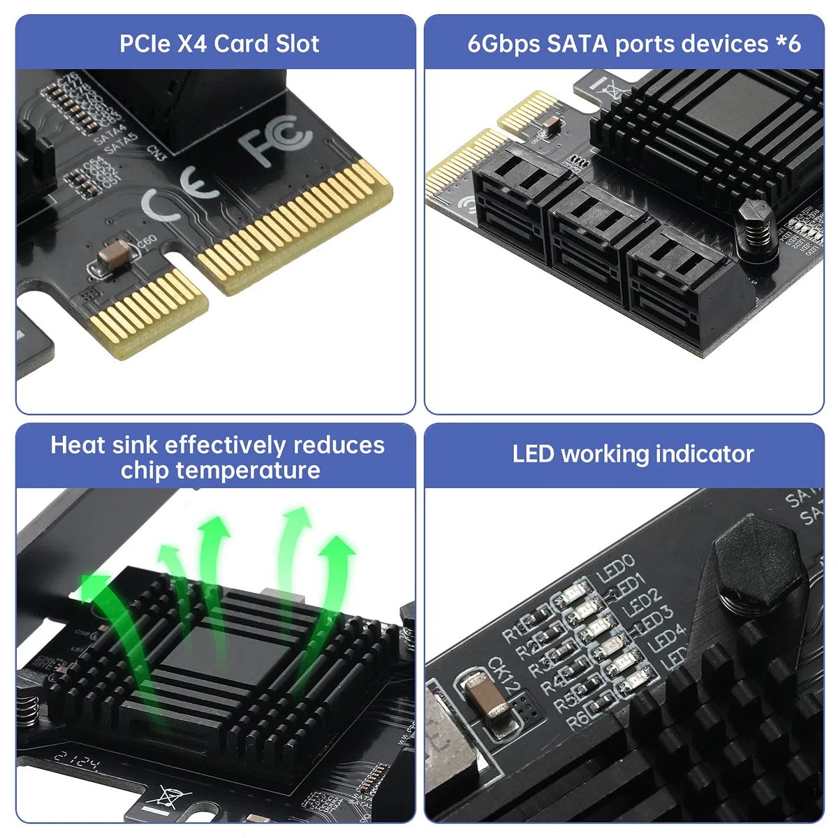 PCIE Schnittstelle-4X SATA Karte 6 Ports, mit 6 SATA Kabel und Low Profile Halterung, PCIE zu SATA 3.0 6 Gbps Controller, ASM1166 Chip