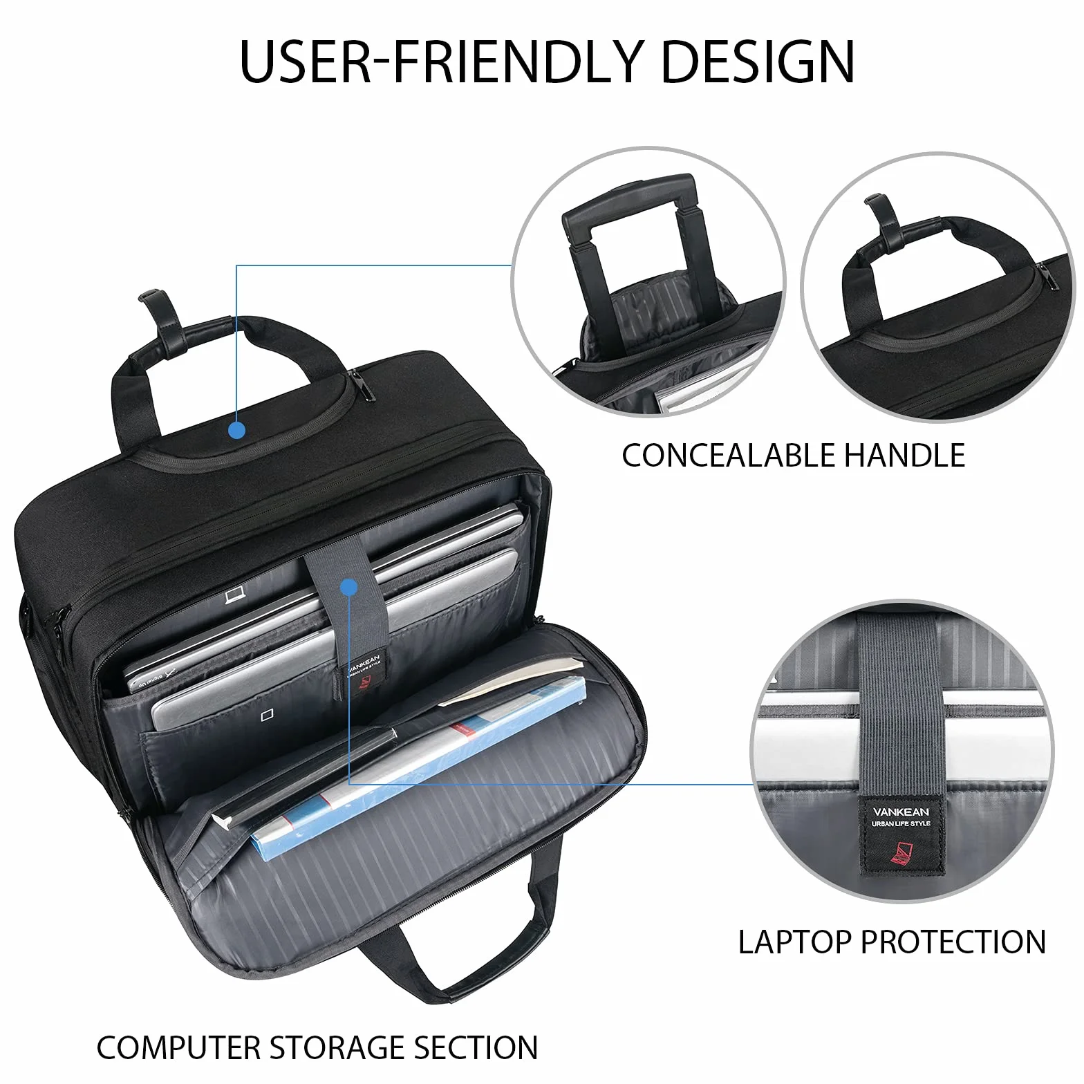 VANKEAN 17.3'' Laptoptasche mit Rollen für Herren, Stylische Handgepäck-Aktentasche Laptoptasche wasserdichte mit Rollen für die Nacht mit RFID-Taschen für Reisen/Arbeit/Schule-Schwarz