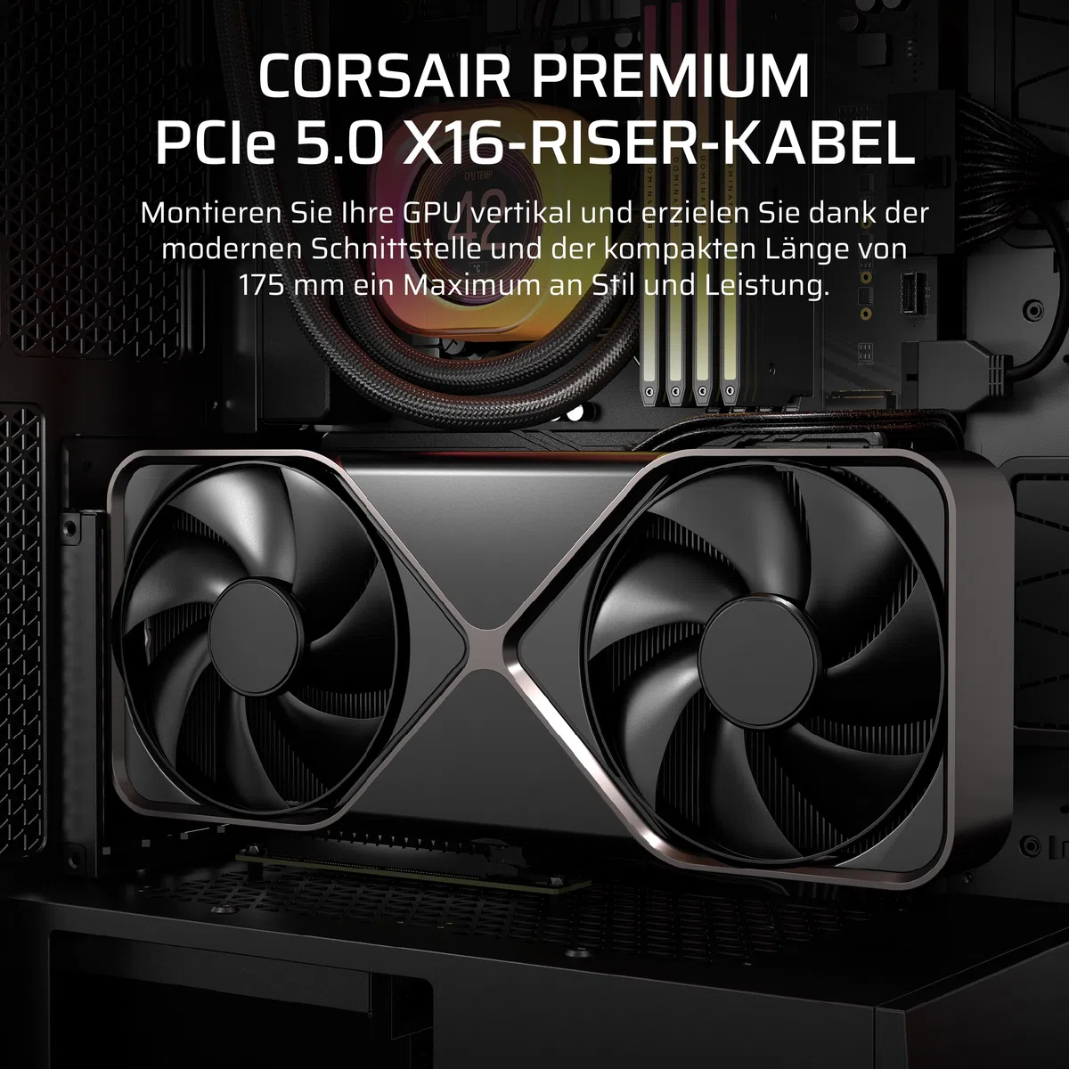 Corsair Premium PCIe 5.0 x16 175mm Riser-Kabel – Schwarz | Ultraflexibles, Langlebig