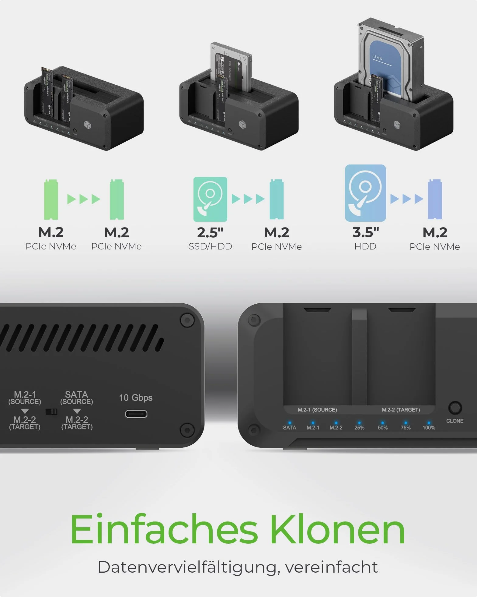 ICY BOX HDD/M.2 NVMe SSD Docking Station USB 3.2 Gen 2 (10 Gbit/s), Festplatten Klonstation & Lesegerät (2,5" & 3,5" SATA auf M.2 NVMe/M.2 NVMe auf M.2 NVMe), Zweiwege Klonen, IB-2924MSCL-C31