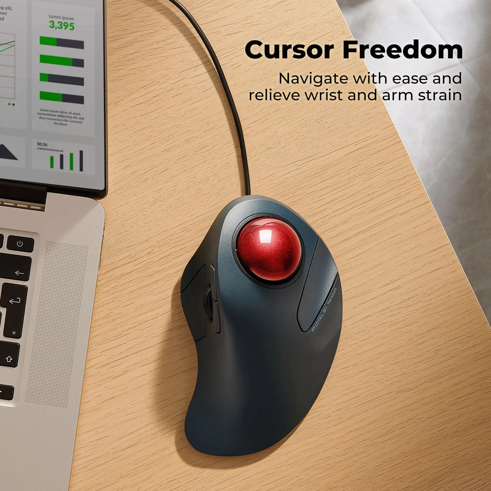 Kabelgebundene Trackball-Maus, einfache Zeigefingersteuerung, ergonomisches Komfort-Design reduziert Muskelbelastung, präzise und reibungslose Tracking, kompatibel für PC, Laptop, Windows, Mac