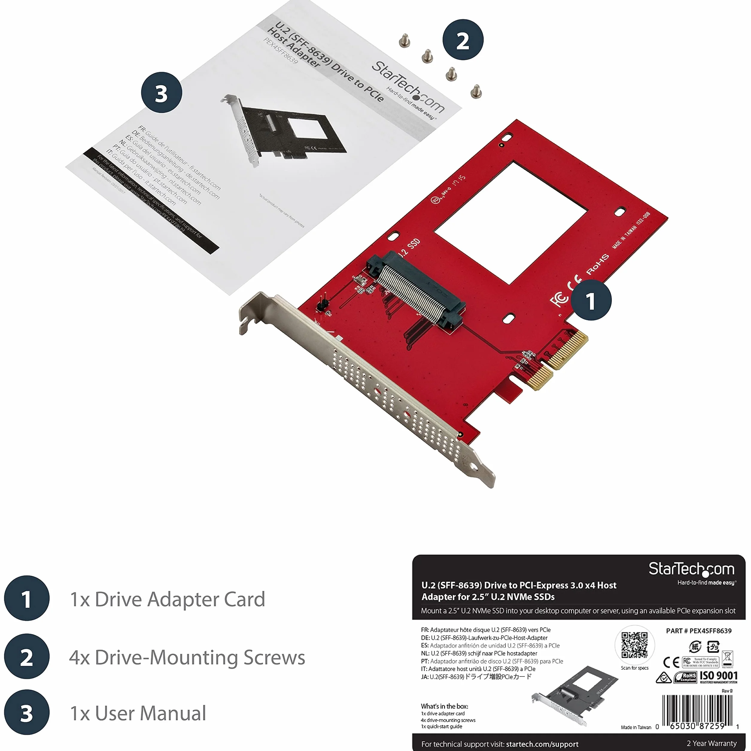 StarTech.com U.2 auf PCIe Adapter für 2,5" NVMe SSD SFF 8639 4x PCI Express 3.0 Karte Schnittstellenadapter 6,4 cm 2.5" Ultra M.2 Card x4 Rot