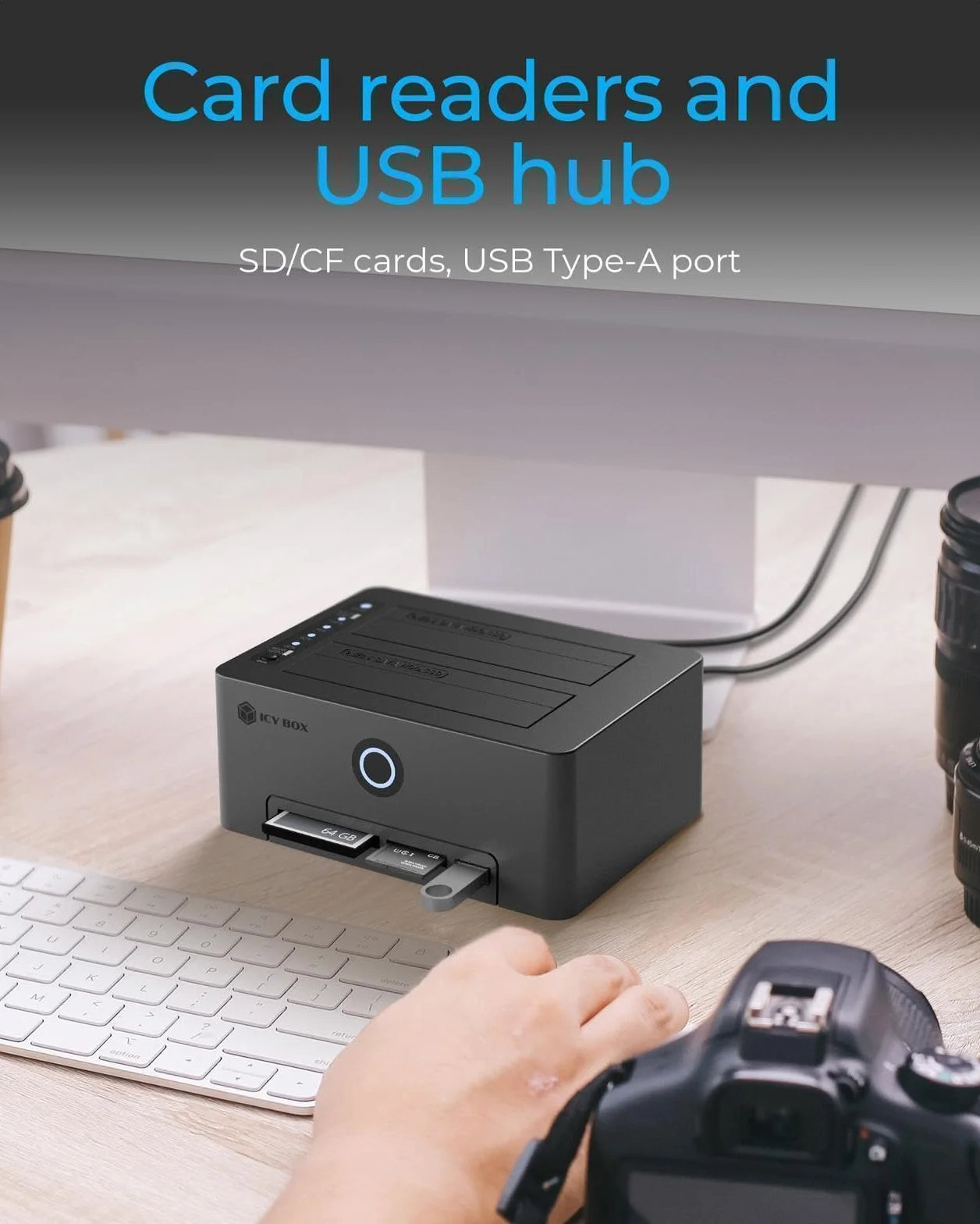 ICY BOX Klonstation für 2,5"/3,5" SATA HDD/SSD, USB 3.0 (5 Gbit/s), Offline-Klonen, Kartenleser (CF/SD), USB Hub, werkzeugfrei, extern, Plug & Play, Dockingstation, Klon-Funktion, Schwarz, IB-1233CL-C