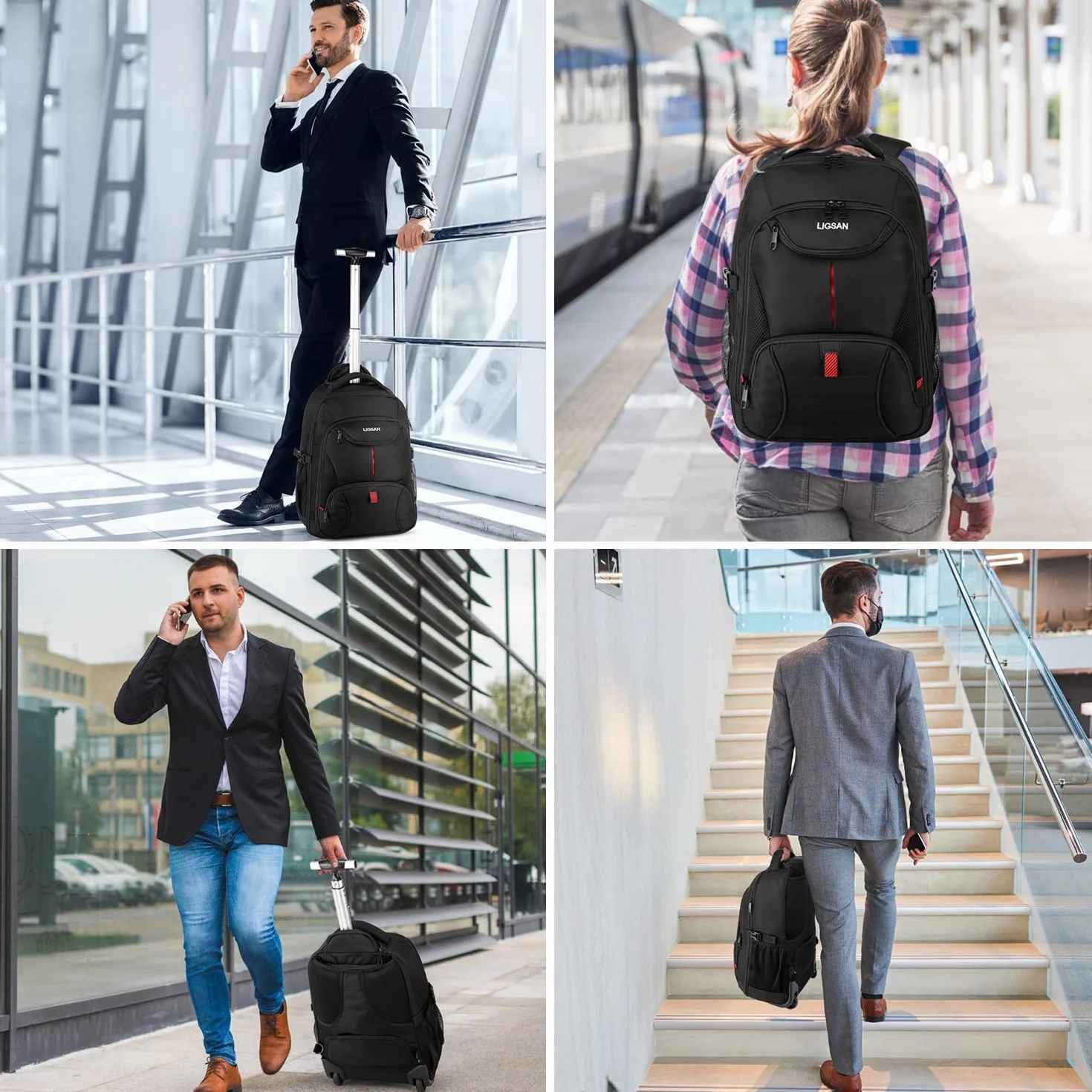 Laptop Trolley Rucksack Business Rolling 17 Zoll Laptop Rucksack mit Rädern Handgepäck Groß Rucksack Laptoptasche Rollkoffer für Herren Damen Wasserdichte Aktenkoffer für Reisen/Männer/Frauen-Schwarz