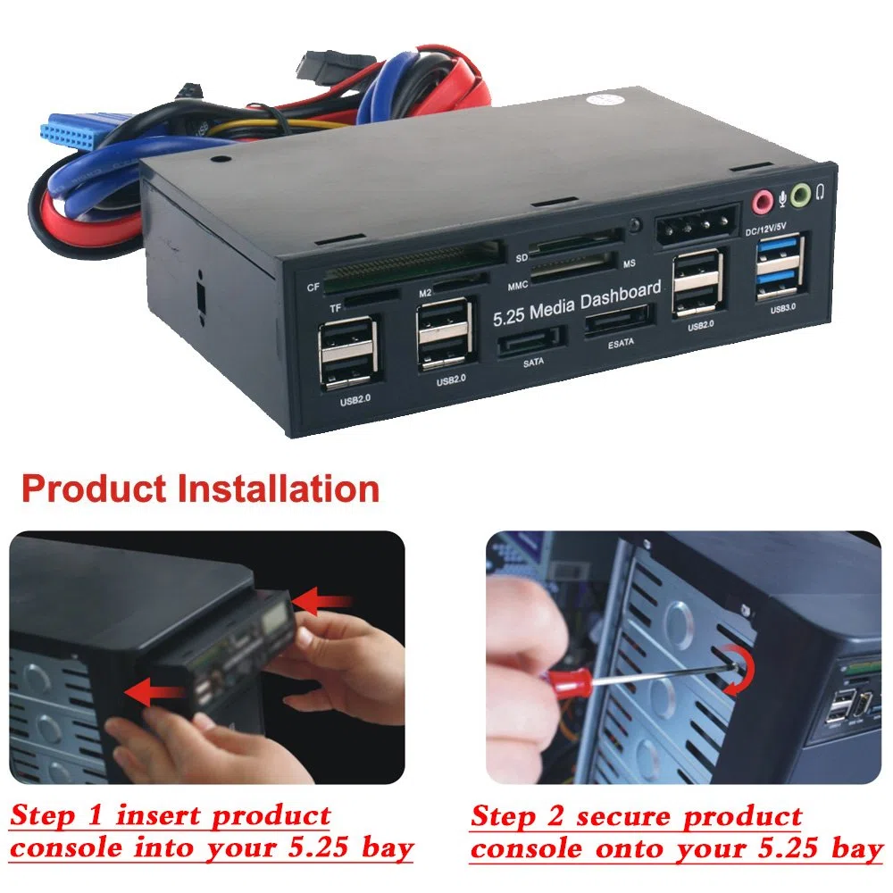 ACAGALA Multifunktions-USB 3.0 Hub eSATA SATA Port Interner Kartenleser PC Armaturenbrett Medien Vorderseite Audio für SD MS CF TF M2 MMC Speicherkarten Passend für 5,25 Zoll Bay