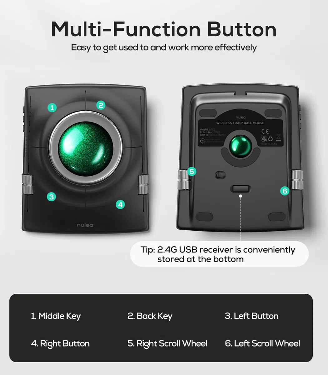 Nulea M512 Kabellose Trackball-Maus, ergonomischer 55-mm-Trackball, einstellbare DPI für präzise Steuerung, kompatibel mit Links- oder Rechtshänder, wiederaufladbar, Multi-Device Bluetooth & 2,4 GHz