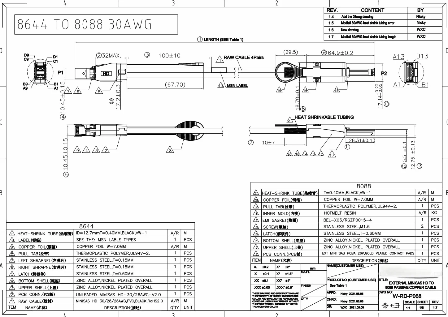 HiFiber Mini SAS SFF-8088 auf SFF-8644 Raid Kabel für HD-Datenserver mit hoher Packungsdichte, 6 Gbps, 2 meter (6.6ft)