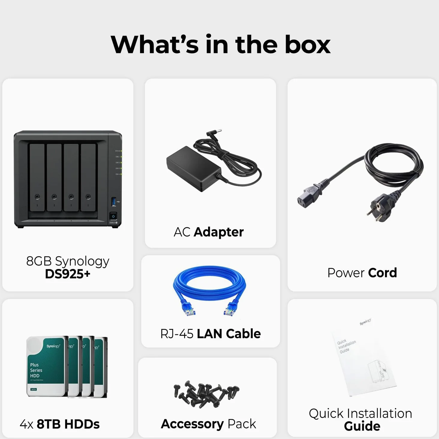 Synology DS925+ NAS-Server-Bundle 4 Schächte (8 GB RAM, 32 TB HDD) – 4 x 8 TB Synology NAS HDDs, Hochleistungs-Desktop-Netzwerkspeichergerät – Inklusive externer 512 GB SSD für Backup