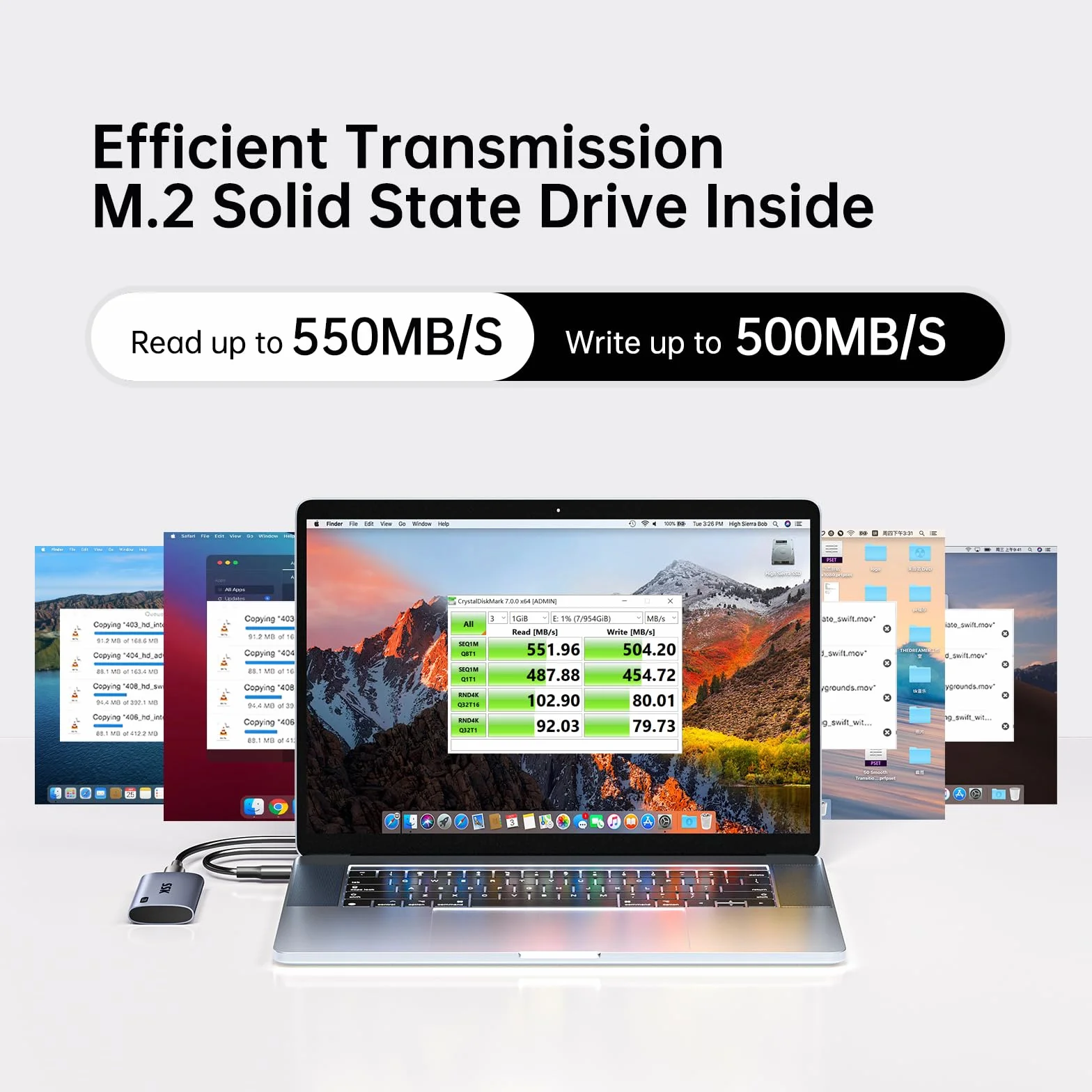 SSK Externe SSD 256GB, USB 3.2 Gen2 Portable SSD, bis zu 550 MB/s, Externe Festplatte mit USB C&A 2 in 1 Kabel, External Solid State Drive für iPhone 16/15/17-Serie/Laptop/Desktop/Smartphone/Tablet