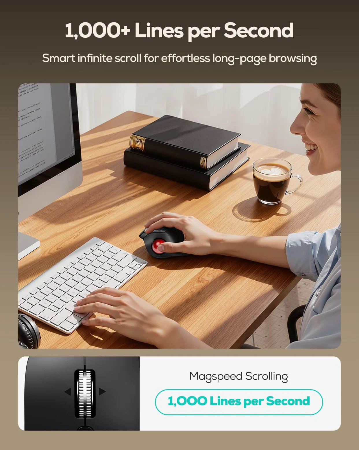 Nulea M514 Vertikale Trackball-Maus, ergonomische kabellose Daumenbedienungs-Maus mit leisem klick, Verbindung mit 3 Geräten (Bluetooth & USB-Empfänger), wiederaufladbar, für PC/Mac/Laptop/Tablet.