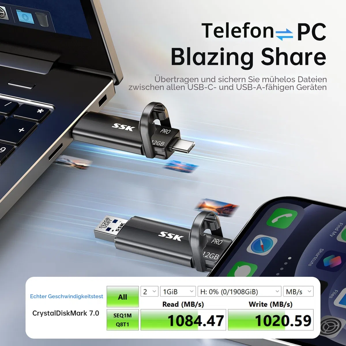 SSK 512GB USB C Stick bis zu 1000MB/S, Dual Mini USB Stick USB 3.2 Gen2 Type-A und Typ-C Externe Solid State Drives Portable SSD für iPhone 15/16/PS4/Android-Telefon/Tablet/Windows/Mac