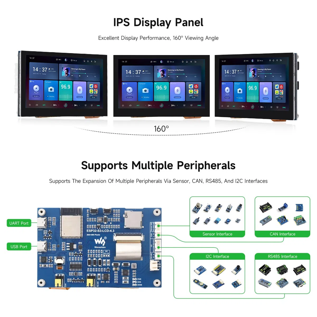 Waveshare ESP32-S3 4.3inch Capacitive Touch Display Development Board 800x480 5-Point Touch 32-Bit LX7 Dual-Core 240MHz WiFi