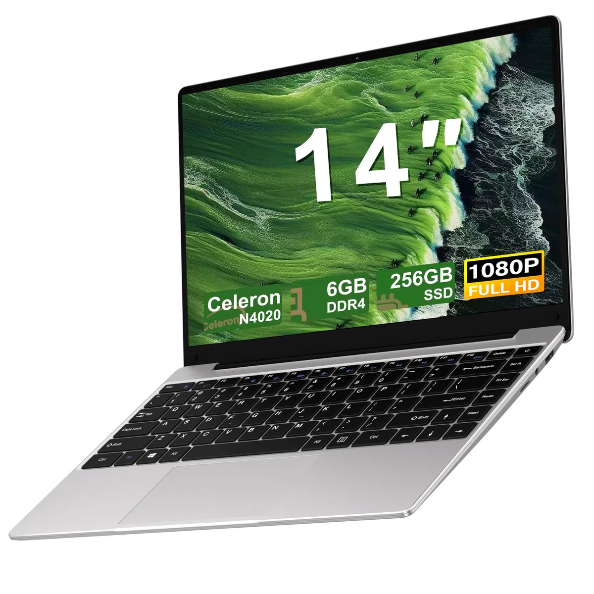 NOTODD 2025 Laptop 14 Zoll Win 11 Pro 6GB RAM 256GB SSD Unterstützung 1TB (TF 1TB) Notebook Celeron N4020 (bis2.8GHz) 5000mAh 1920x1080p WiFi Deutscher Tastaturschutz und kabellose Maus-Silver