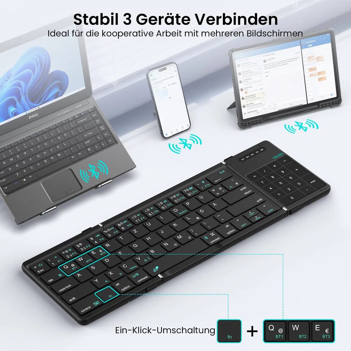 Nillkin Faltbare Bluetooth Tastatur mit Touchpad, Wiederaufladbare QWERTZ-Klapptastatur mit Ziffernblock, Tragbare Mini-Tastatur für iPad, iOS, Android und Windows Laptop & Tablet, Leder-Schwarz