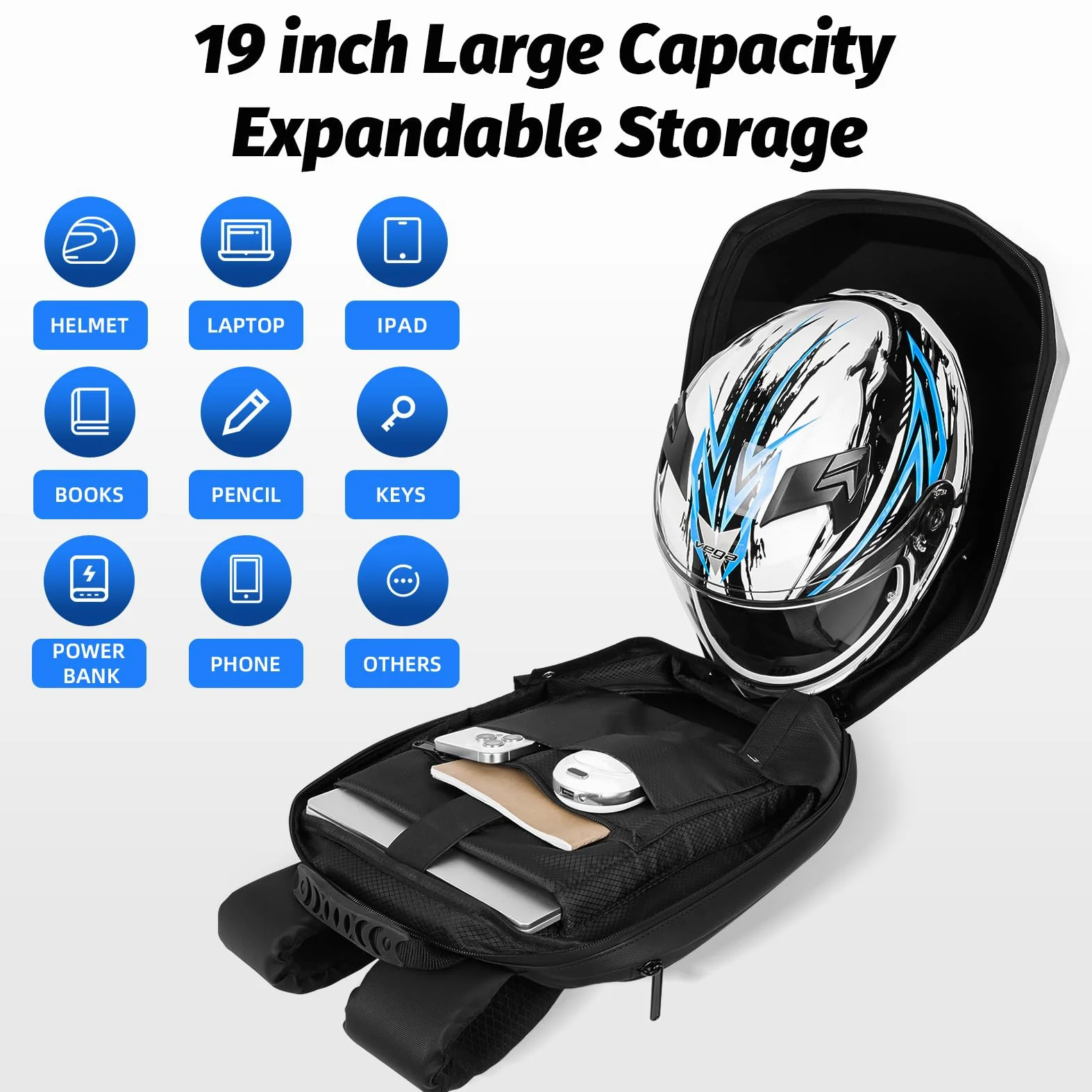 48 cm LED Motorrad Knight Rucksack für Männer, Hard Case Fahrrucksack Motorrad Laptop Tasche Wasserdicht, DIY Programmierbarer Full Color Display & Augen