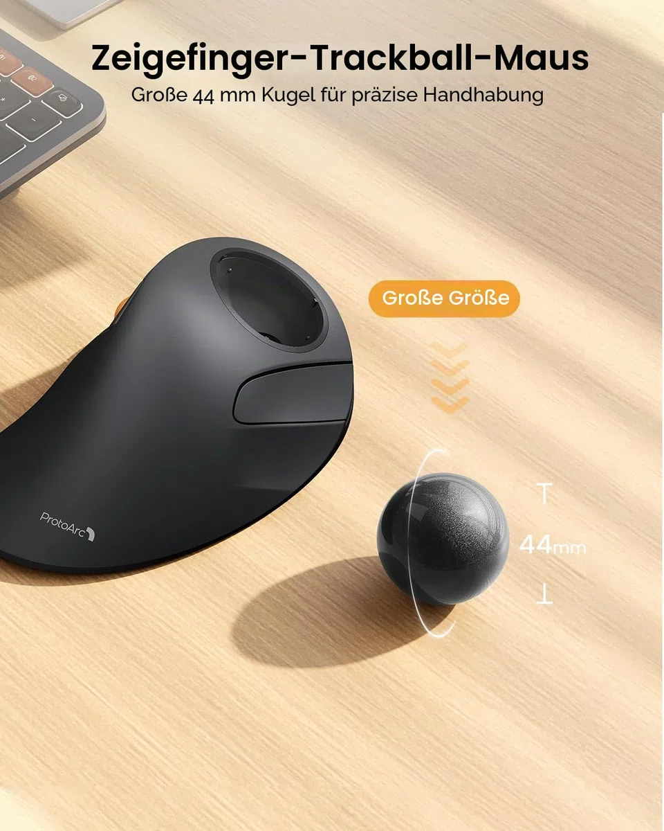 ProtoArc Kabellose Bluetooth Trackball Maus, EM03 NL Wiederaufladbare Ergonomische Trackball Mouse mit Fingerbedienung, 2.4G & Dual-Bluetooth Multi-Geräte für PC, Mac, Windows Büroarbeit - Schwarz