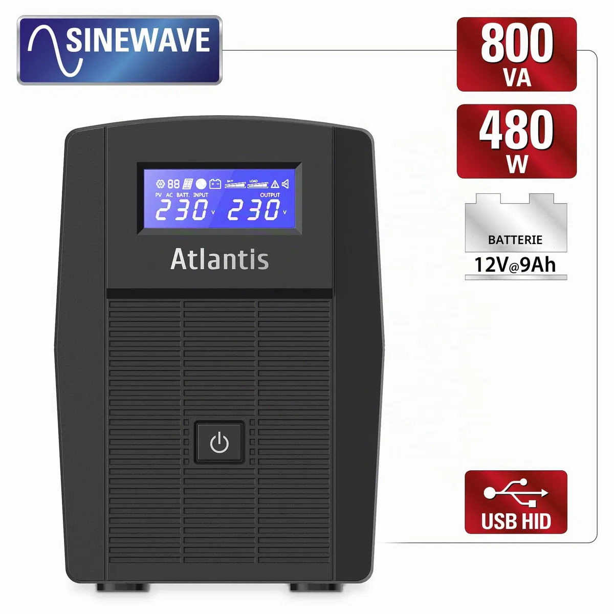 Atlantis A03-HP1003 Kontinuitätsgruppe Sinuswelle Pure 800VA 480W Line Interactive, LCD-Display, USB-HID-Anschluss, 2 Shuko Ausgänge + alim Kabel, 1 Akku 12V-9Ah, RJ45 Schutz, kostenlose Software