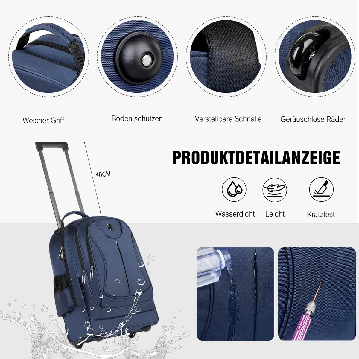 FANDARE 35L Laptop-Trolleys Herren Rollerrucksack 2 IN 1 Business Wandlungsrucksack Reiserucksack mit Rollen Trolley-Rucksack Rollen Handgepäck Notebook bis 15.6 Zoll Arbeit Aaktenkoffer Schwarz