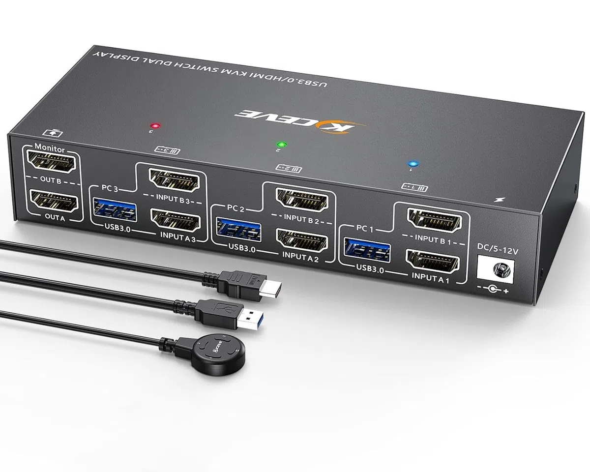 KVM Switch 2 Monitore 3 PC HDMI, KCEVE 4K@60Hz Dual Monitor USB 3.0 KVM Umschalter mit EDID Emulator, unterstützt Kopieren und erweiterte Anzeige, für 3 Computer teilen sich 2 Displays
