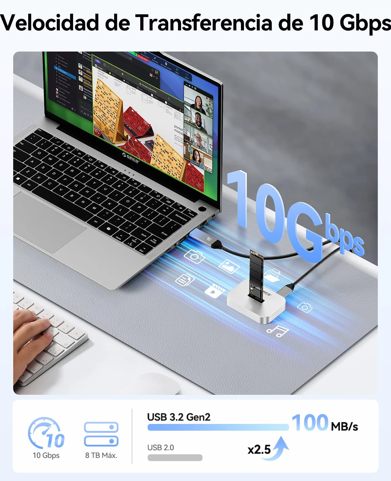 ORICO M.2 NVMe/SATA SSD Gehäuse, USB 3.2 Gen 2 M.2 Festplatten Dockingstation,M.2 NVMe/SATA SSD Adapter, Unterstützt M.2 SSDs der Formate 2230/2242/2260/2280/22110, Kompatibel mit Windows/Mac OS/Linux