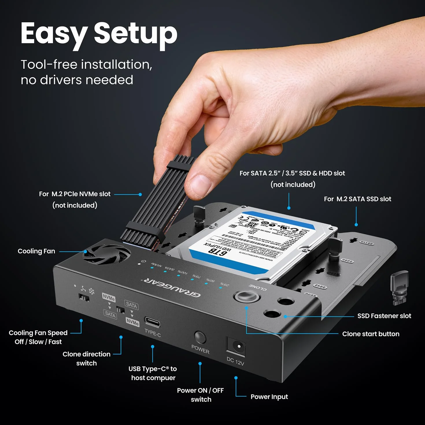 GRAUGEAR Bidirektionale Clone Station für M2 NVMe SSD M.2, SATA SSD, 2,5"/3,5" Festplatte [Bidirektional Klonen] Docking Station I NVMe Klonstation I Externe SSD I Festplatten Dockingstation I Lüfter