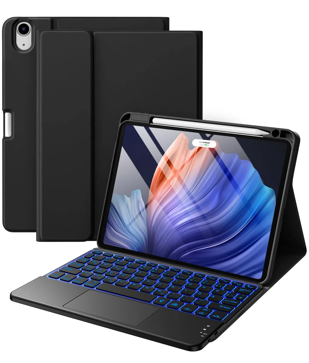 Vobafe Hülle mit Tastatur für iPad Air 11 Zoll M4 M3 M2 (2026/2025/2024), iPad Air 5. 4. Generation 2022/2020 10.9", Mutil-Touch Trackpad Beleuchtete Abnehmbare Keyboard, mit Stifthalter, Schwarz