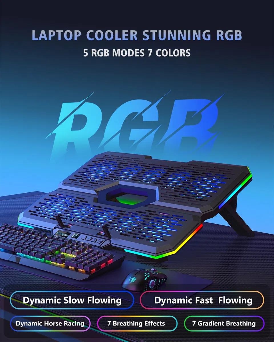 RGB Laptop Kühler mit 10 leisen Laptop Lüfter, 7 Fach verstellbar, USB-A/C, Handyhalterung, passend für 12–18,1 Zoll Laptops