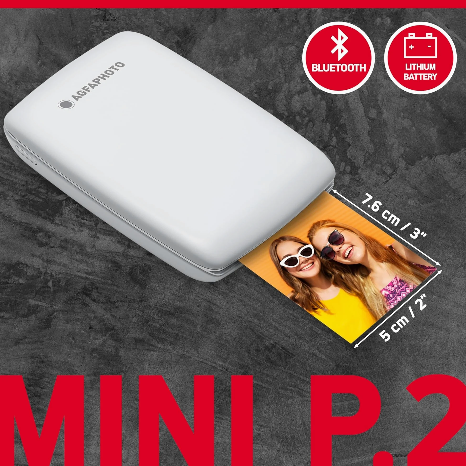AGFA PHOTO Mini P.2 - Imprimante Portable Zink pour Photos Instantanées, Format 5x7,6 cm, Connexion Bluetooth, Compatible iOS/Android, 10 Feuilles Zink Incluses - Blanc