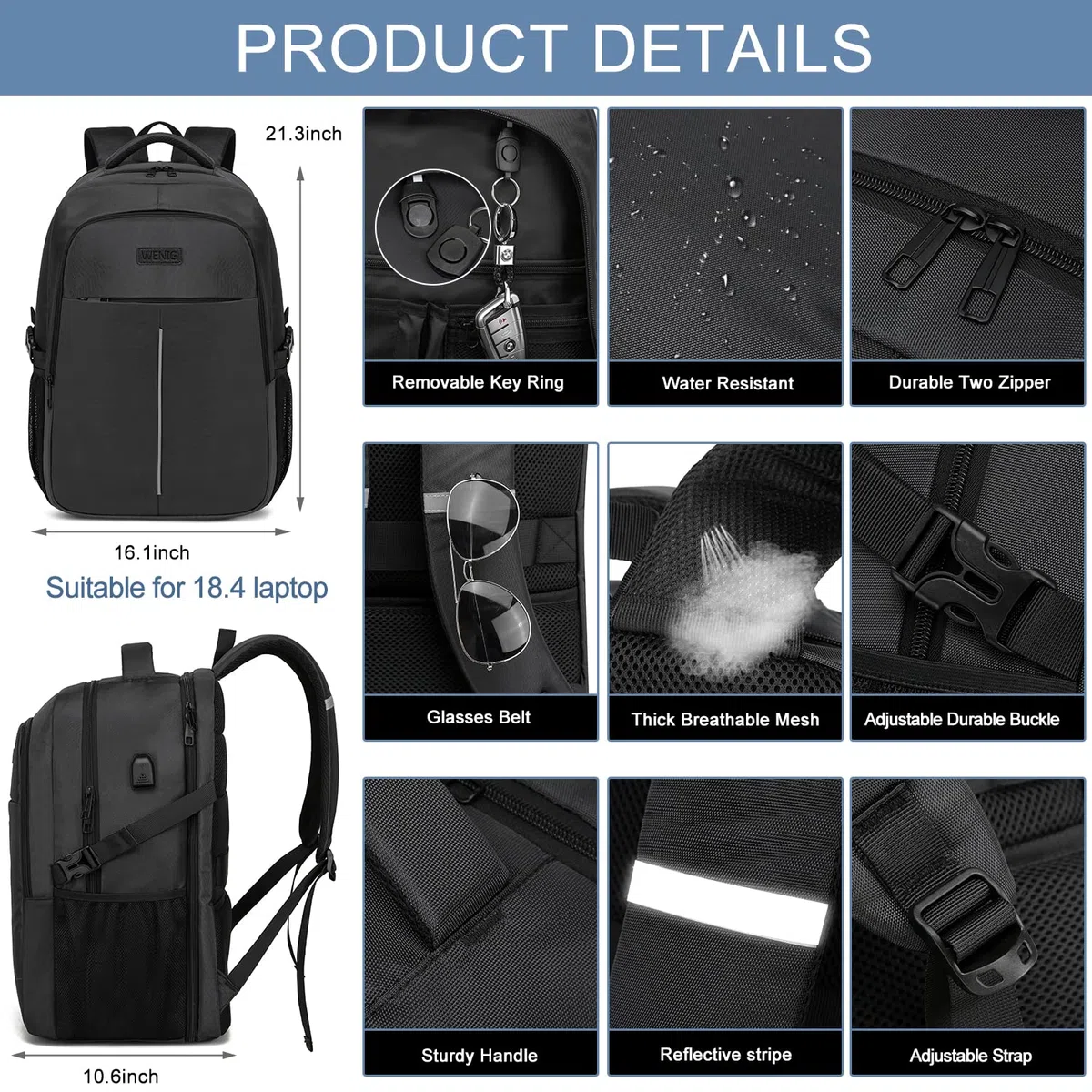 Extra Groß Rucksack Herren 55L,18.4 Zoll Laptop für Schule Arbeit mit USB Ladeanschluss Wasserdicht Business Reisen Notebook Tasche Schulrucksack für Männer Frauen Jungen Teenager Schwarz