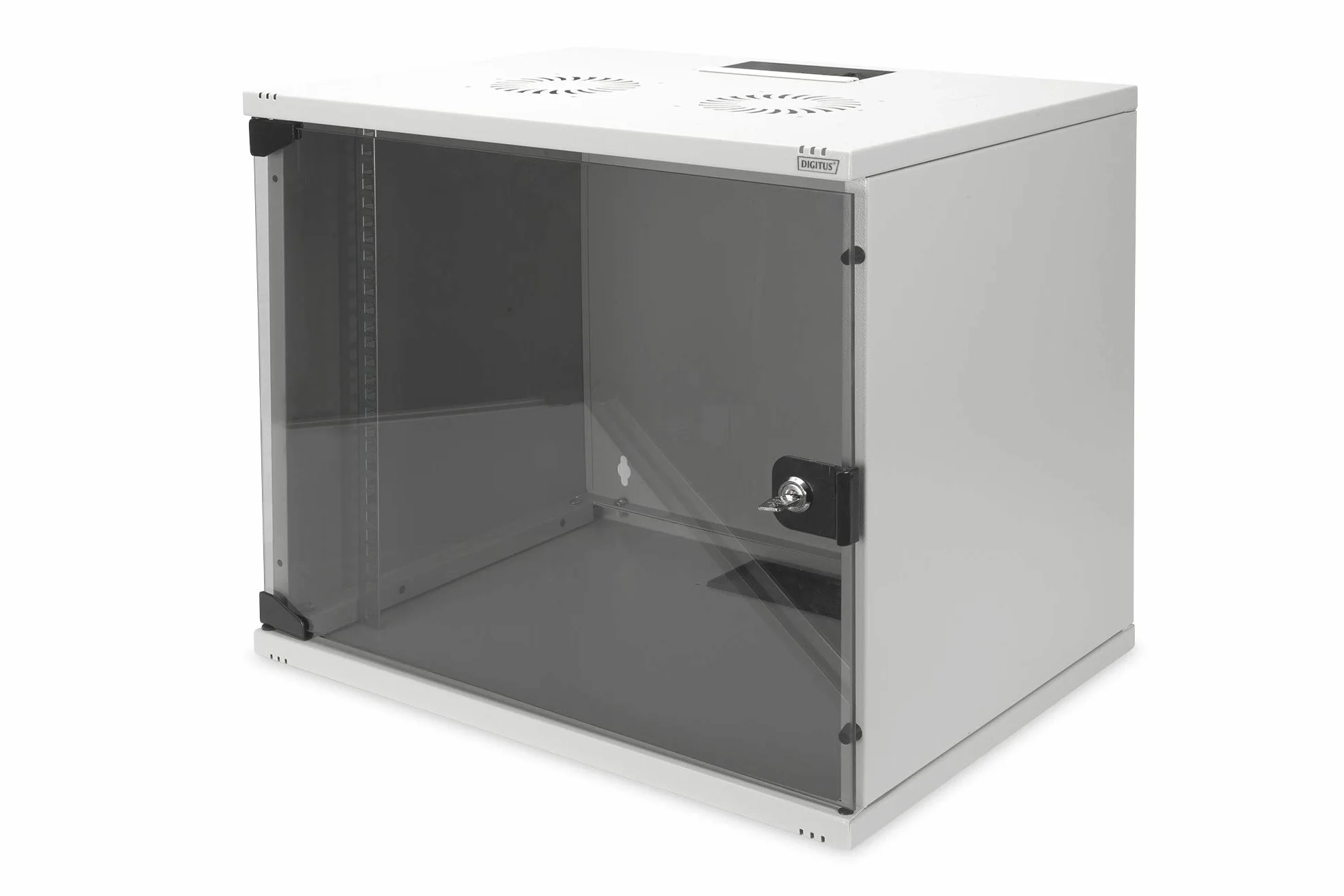 DIGITUS Netzwerk-Schrank 19 zoll 9 HE - unmontiert - Wandmontage - 400 mm Tiefe - Traglast 60 kg - Glastür - Grau | 400 mm Tiefe – 270 mm Nutztiefe – Wandmontage – Traglast 60 kg – Glastür
