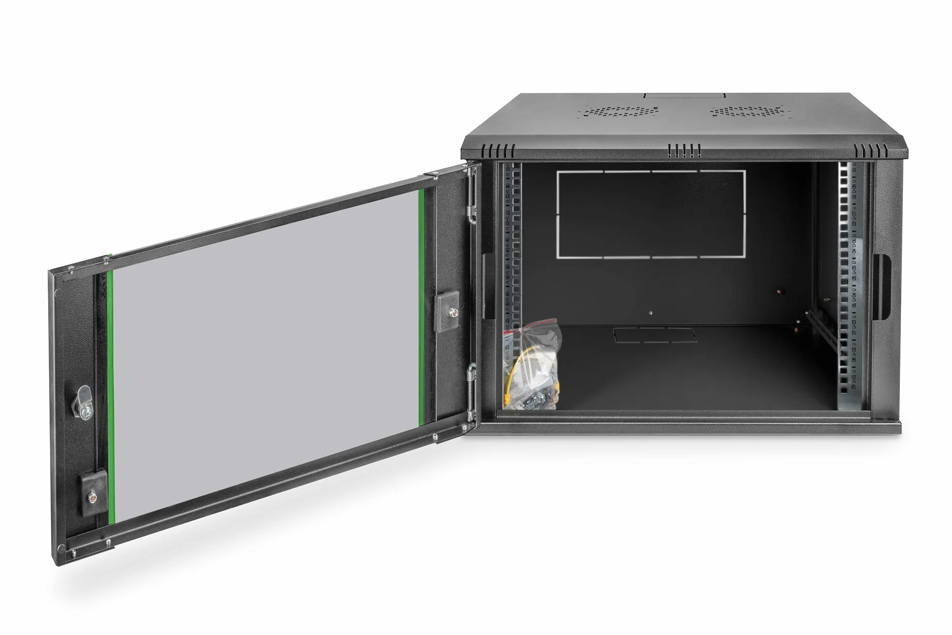 DIGITUS Netzwerkschrank – 19 Zoll 9HE – 450mm Tiefe – Dynamic Basic | Nutztiefe 320 mm – Wandmontage – Traglast 60kg – Sicherheitsglastür – Schwarz
