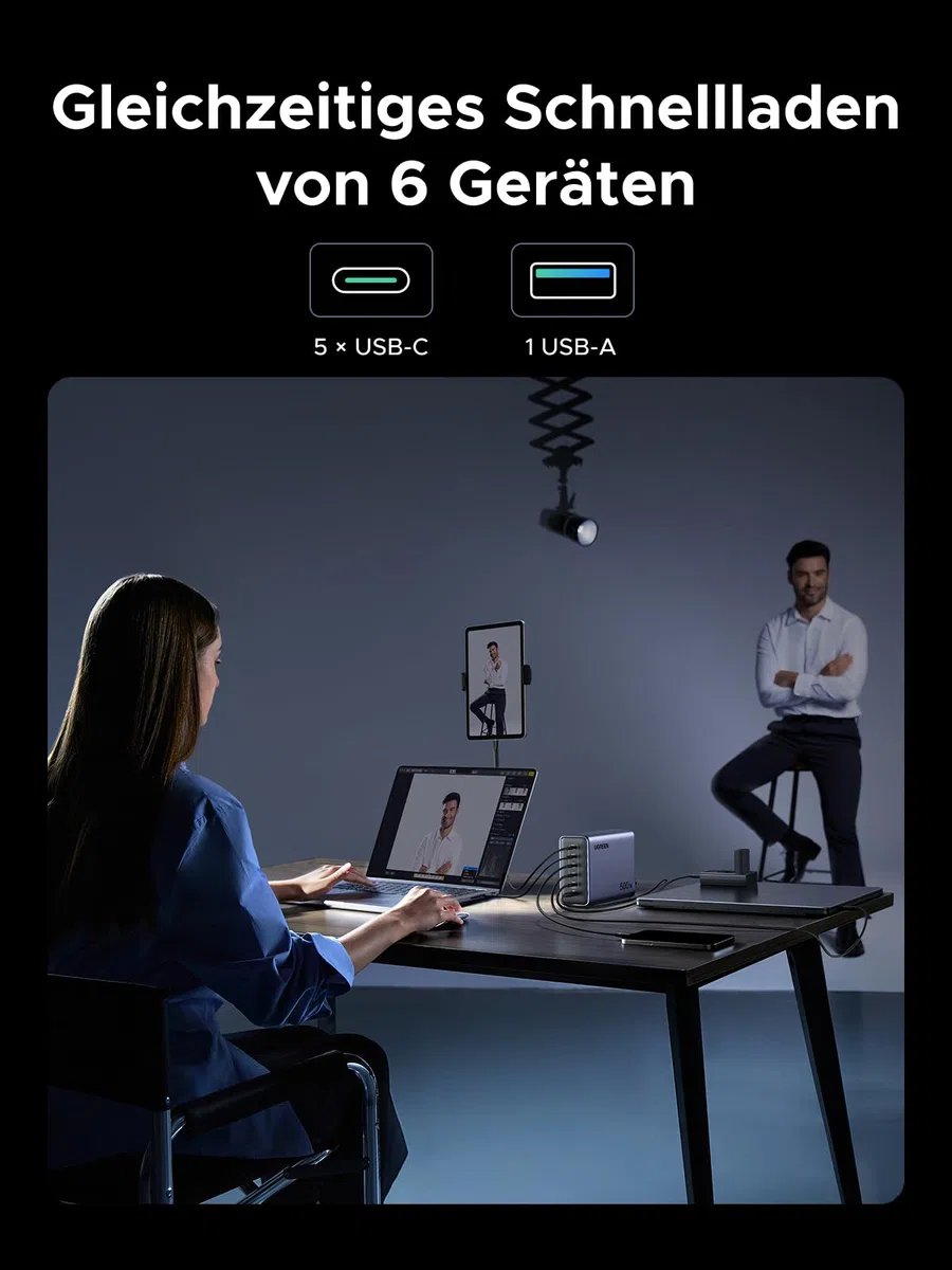 UGREEN Nexode 500W USB C Ladegerät 6-Port Netzteil GaN Ladestation PD 3.1 Desktop Charger Mehrfach kompatibel mit MacBook, iPad Pro/Air, iPhone 17-8 Serie, Galaxy S25-S22