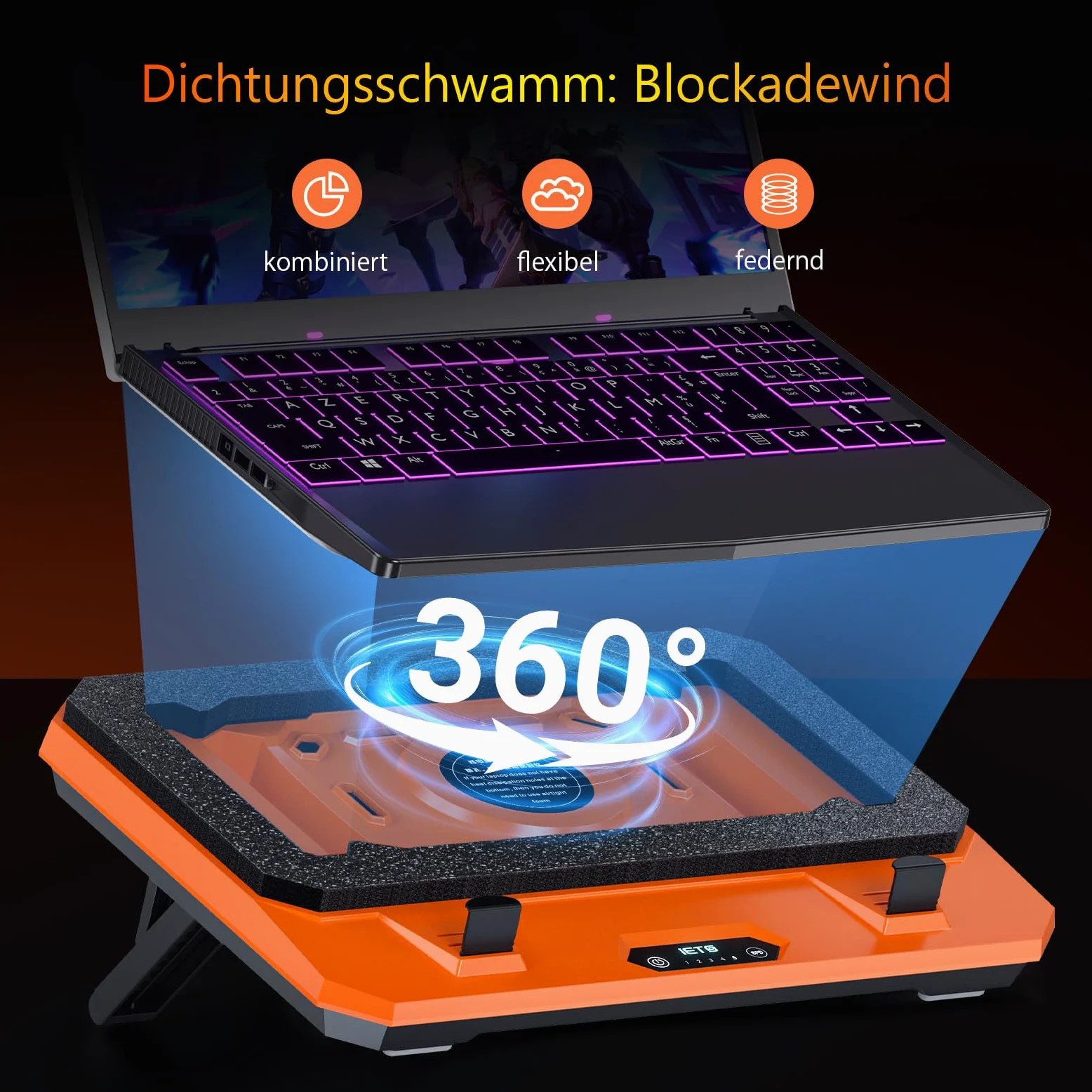 IETS GT300 Verbessertes Laptop-Kühlpad mit verstellbarem Ständer, Turbo-Kühler für schnelle Kühlung, 10-17 Zoll Gaming-Laptop, Flexibler Dichtungsring, mit Verstellbarer Luftfilterklemme (GT300F1)