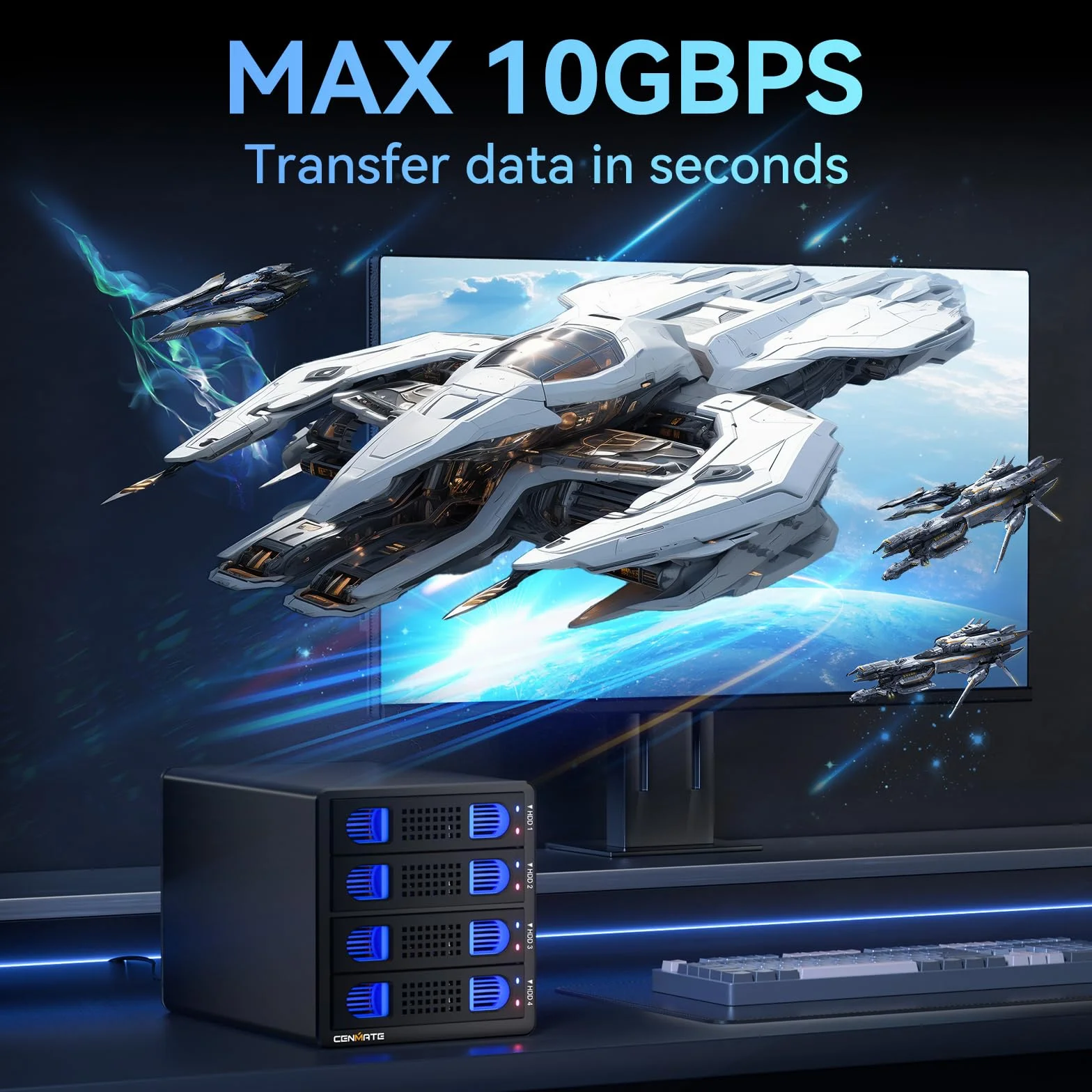 Festplattengehäuse, 10Gbps Aluminium 4 Bay Gehäuse mit Kühllüfter für 2.5/3.5 SATA HDD/SSD mit USB A/C 3.2, unterstützt Hot Swappable, werkzeugfrei HDD Gehäuse, DAS(NO RAID/NAS)