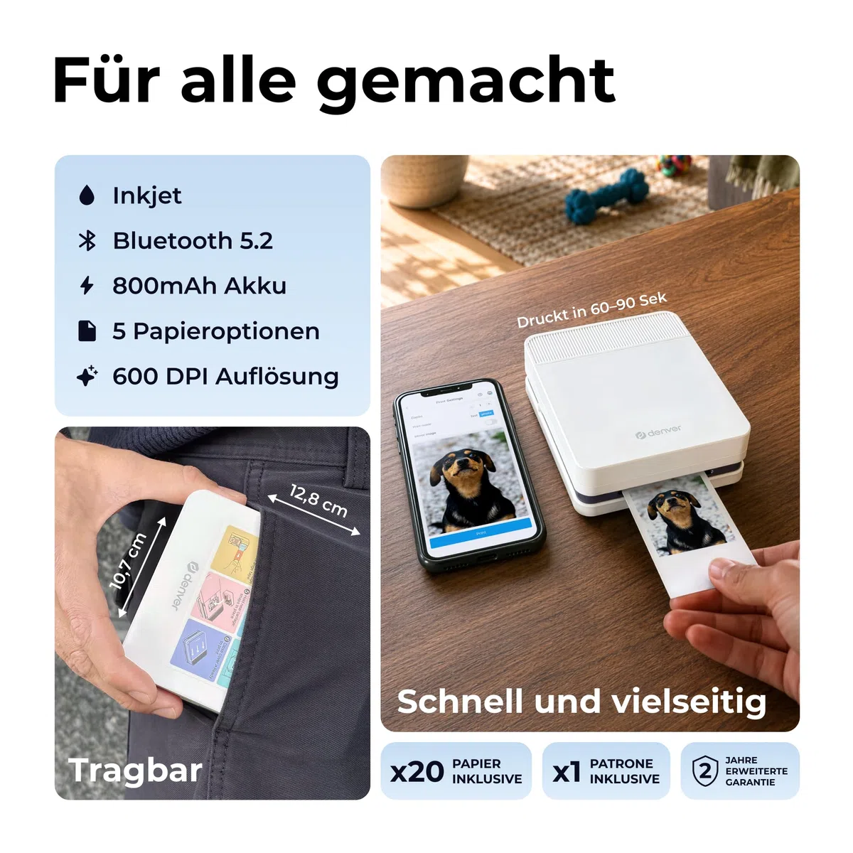 Denver MCP-6010 Mini Fotodrucker für Smartphone, mobiler Farbdrucker mit Bluetooth 5.2, 600 DPI, iOS & Android, tragbarer Fotodrucker mit Akku, inkl. Patrone & 20 Blatt Fotopapier Set