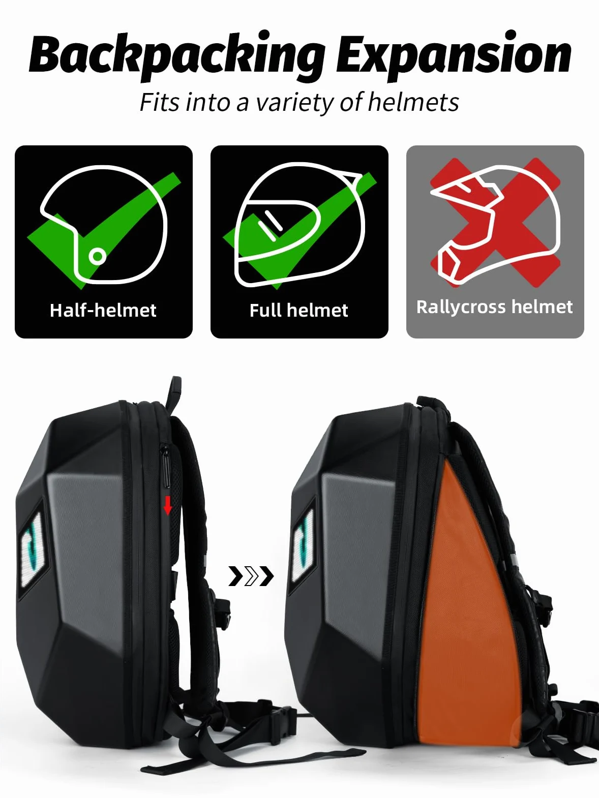 Gelrova LED Rucksäcke mit Programmierbarem Vollfarbbildschirm Motorrad-Rucksack, Dynamisch, APP, Wasserdicht, Unterstützt iOS/Android-System, Text/Bild/Gif-Animation