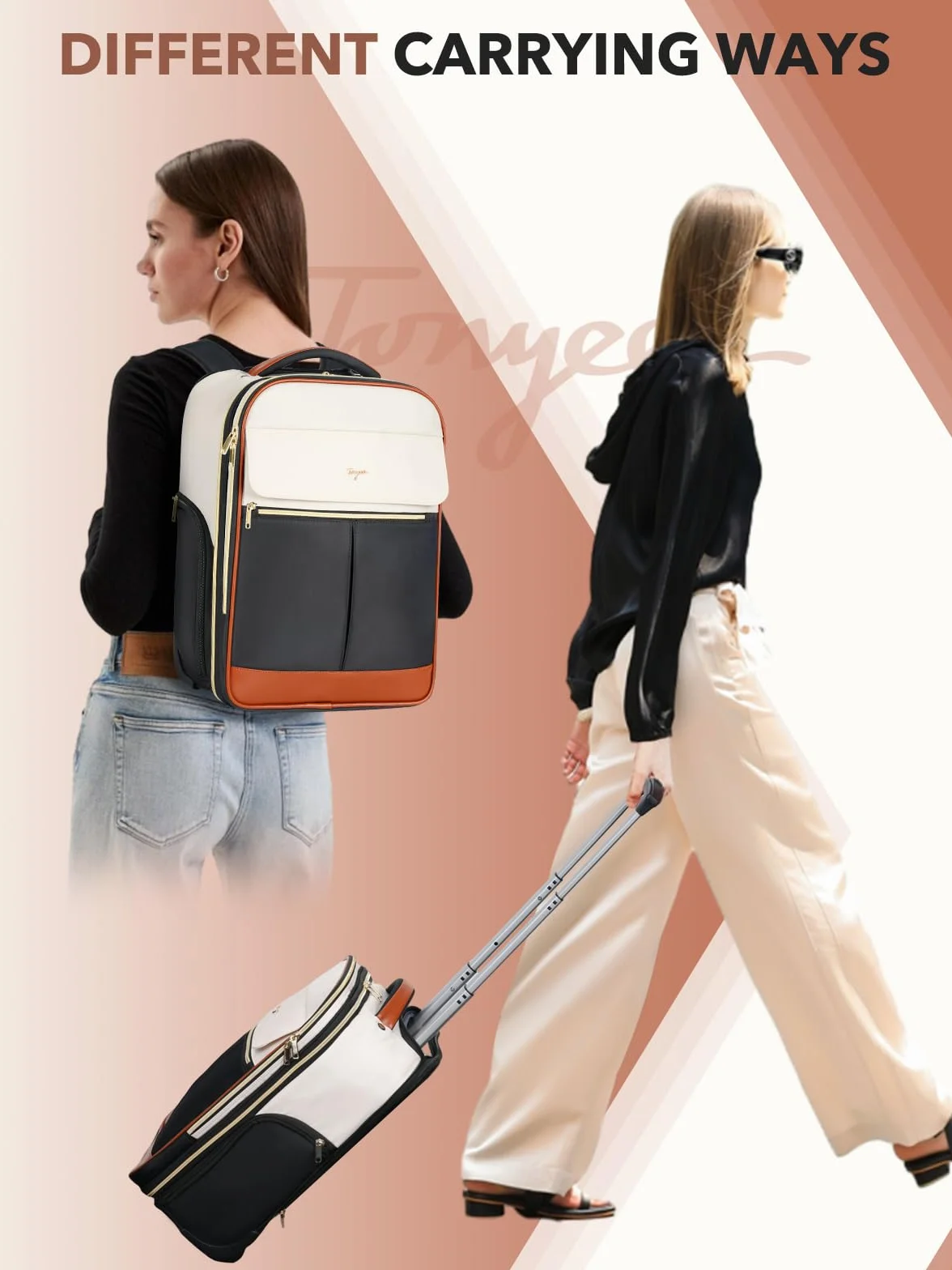 Rollrucksack Damen 17 Zoll Laptop, Rucksack mit Rollen Handgepaeck Underseat Groesse L, 46x32x18 cm, 2 in 1 Trolley Rucksacktrolley Pilotenkoffer, 180 Grad Oeffnung, wasserabweisend, Beige