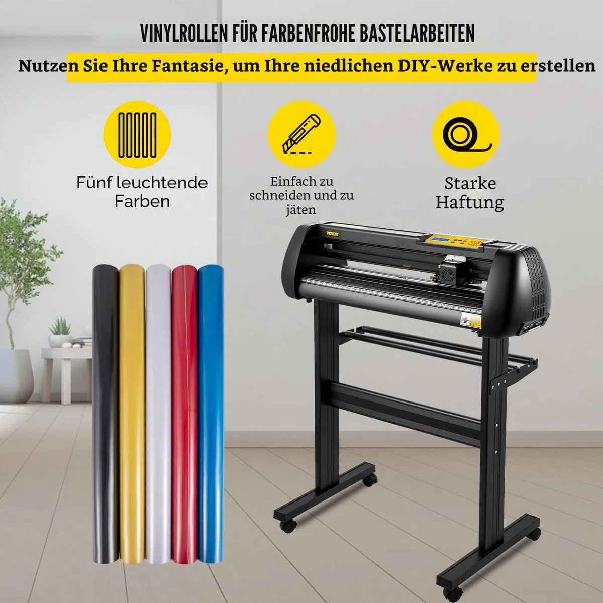 VEVOR Vinyl Schneidemaschine Schneideplotter 720 mm SignMaster Bodenständer, Schnittkraft 10-500 g, Schrittmotor, fünf Vinylrollen, 16 MB, 13,5 kg, Schwarz, 95 x 52 106 cm