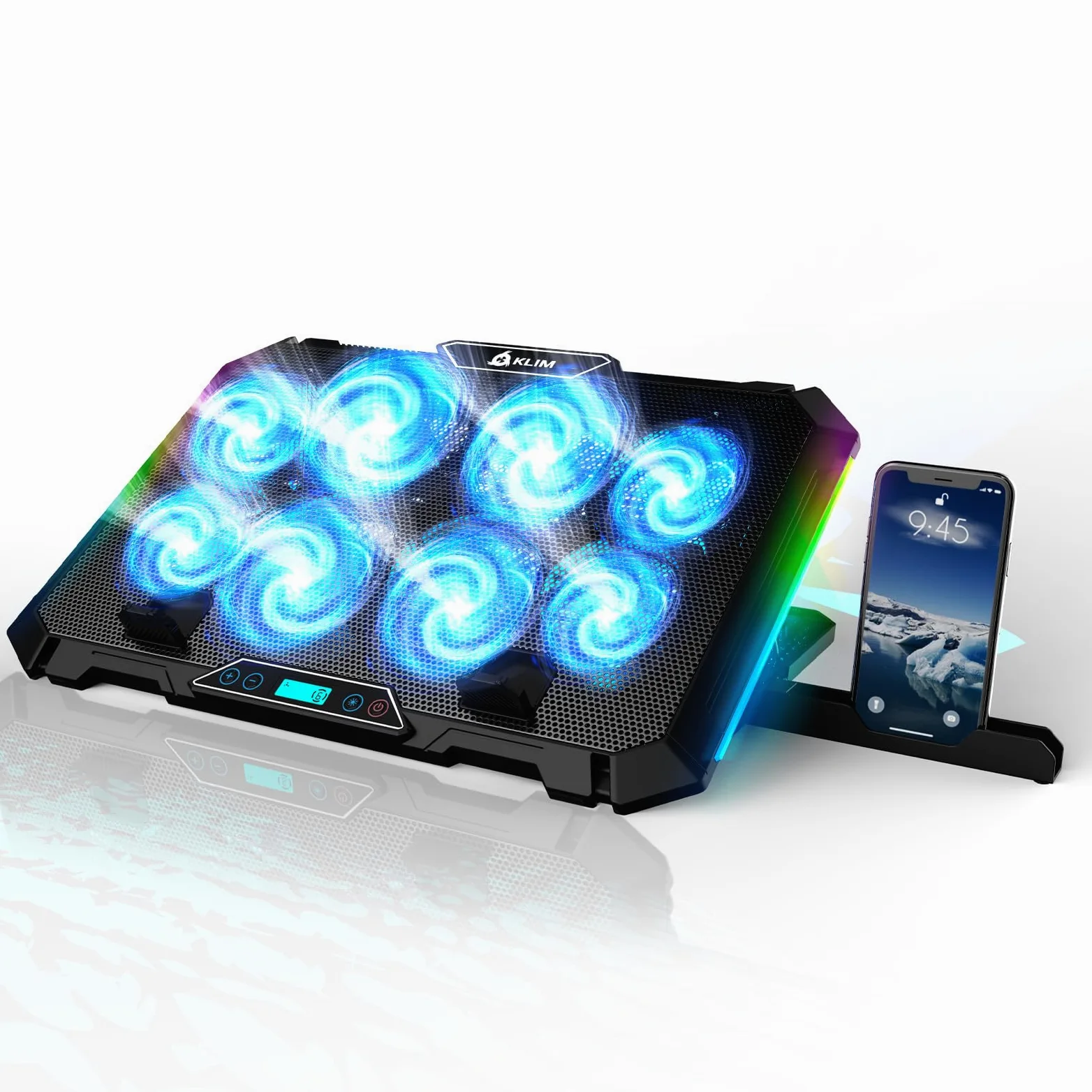 KLIM V8 Gaming Laptop Cooling Pad mit 8 Lüftern - Neu - Gaming Laptop Kühler - Stabiler RGB Notebook Ständer mit Lüfter - Kompatibel bis zu 17" - 2 USB Ports - Handyhalterung - 5 Jahre Schutz