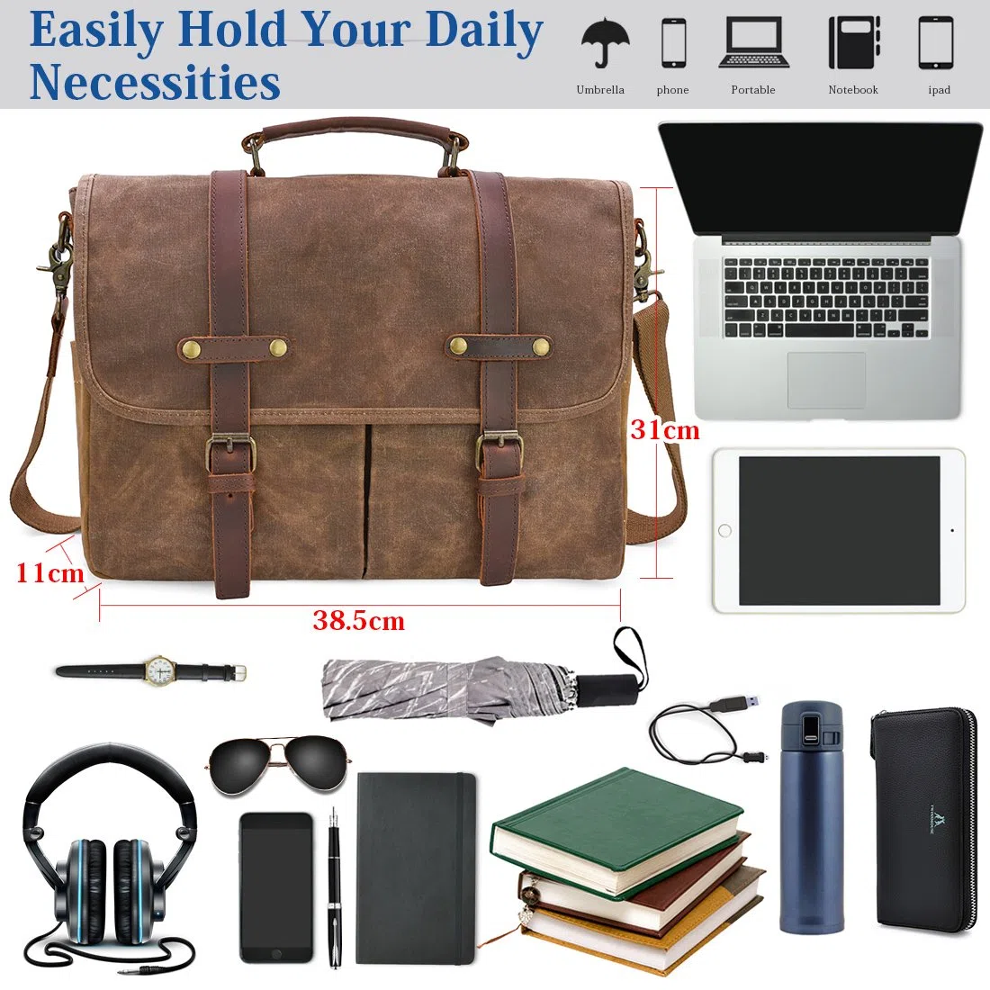 NEWHEY Herren Umhängetaschen Laptoptasche Wasserdichte Canvas Arbeitstasche Messenger Bag 15.6 Braun