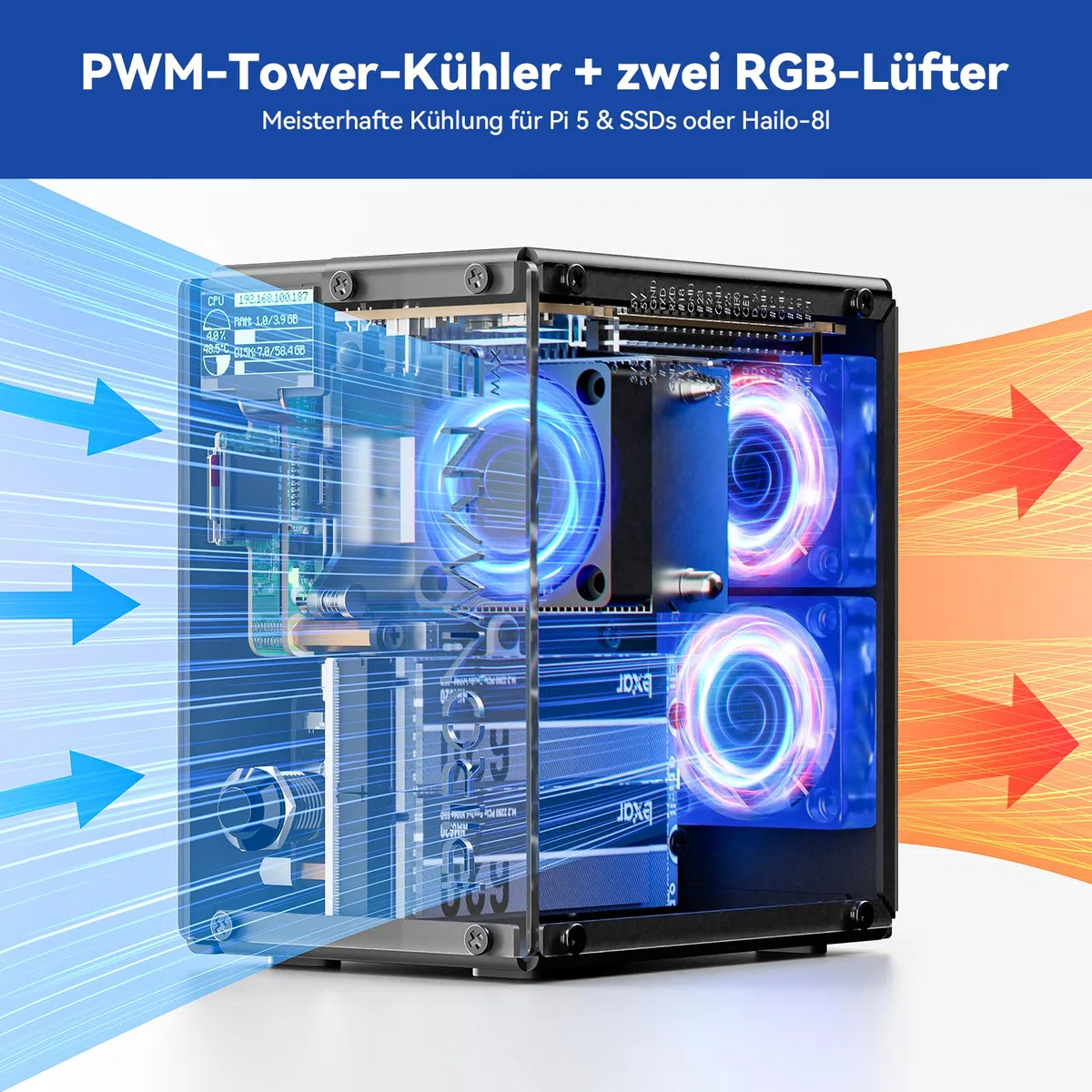 Pironman 5-MAX Raspberry Pi 5 Gehäuse mit Dual NVMe M.2 SSD PCIe, Mini PC NAS RAID 0/1, Hailo-8L AI-Beschleuniger, PWM Tower-Kühler + Dual RGB-Lüfter, OLED, Safe Shutdown, HDMI (RPI5 Nicht enthalten)