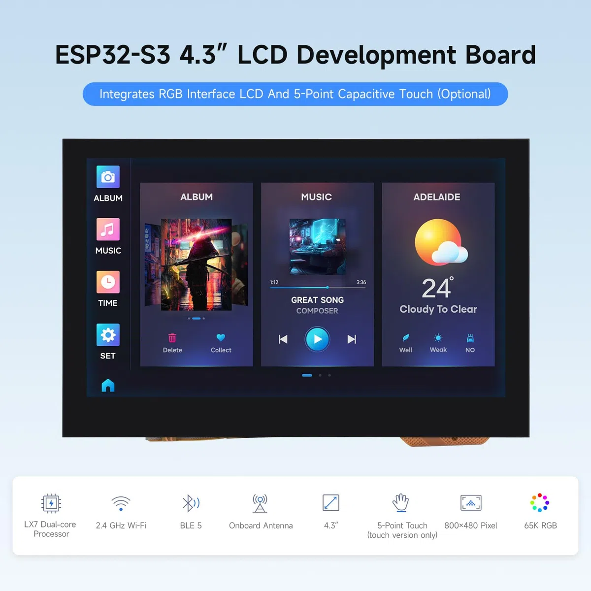 Waveshare ESP32-S3 4.3inch Capacitive Touch Display Development Board 800x480 5-Point Touch 32-Bit LX7 Dual-Core 240MHz WiFi