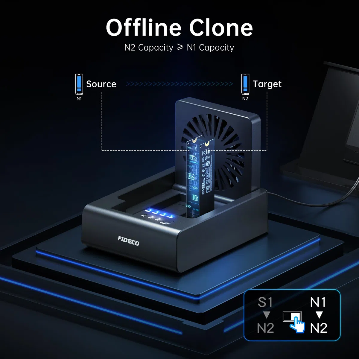 FIDECO HDD/M.2 NVMe SSD Cloner Docking Station, USB 3.2 Gen 2 (10 Gbit/s), 3-Bay Festplatten-Cloner-Dock für M.2 NVMe SSD und 2,5"/3,5" SATA HDD, mit klappbarem Lüfter
